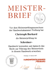 Meisterbrief von Christoph Burkard